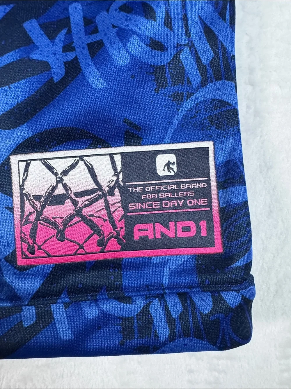 AND1 Men’s Large Blue Graffiti Print Full Zip Hooded Jacket Windbreaker